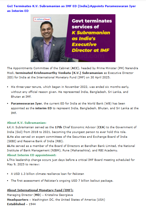 GoI Removes K.V. Subramanian as IMF Executive Director for India; Appoints Parameswaran Iyer as Interim ED.